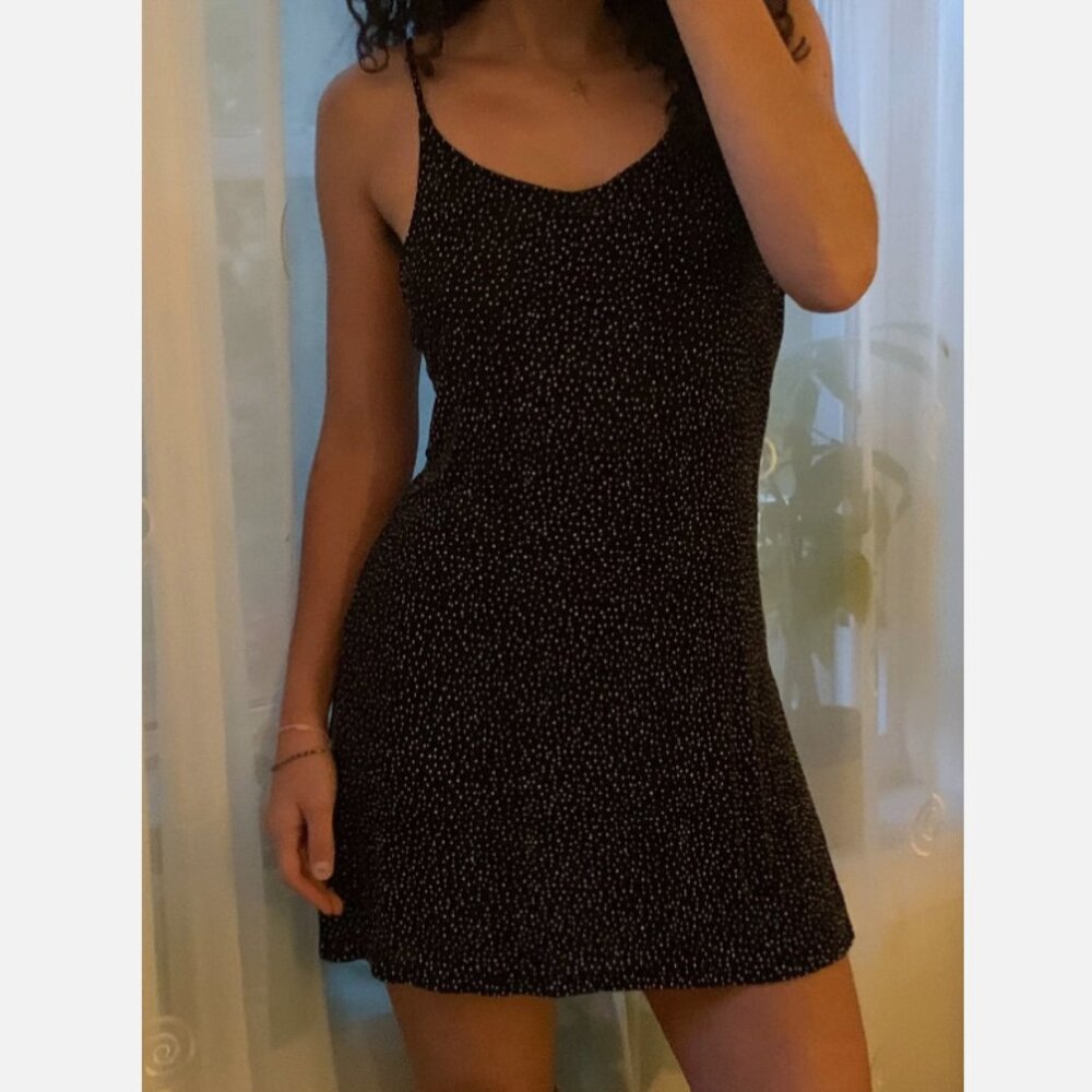 Vtg 90's Slinky Black Slip Dress Textured Polka Dot Thigh Slits Whimsigoth